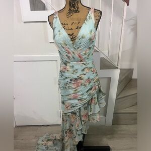 Mac Duggal Asymmetrical Floral Dress in Blue and Pink